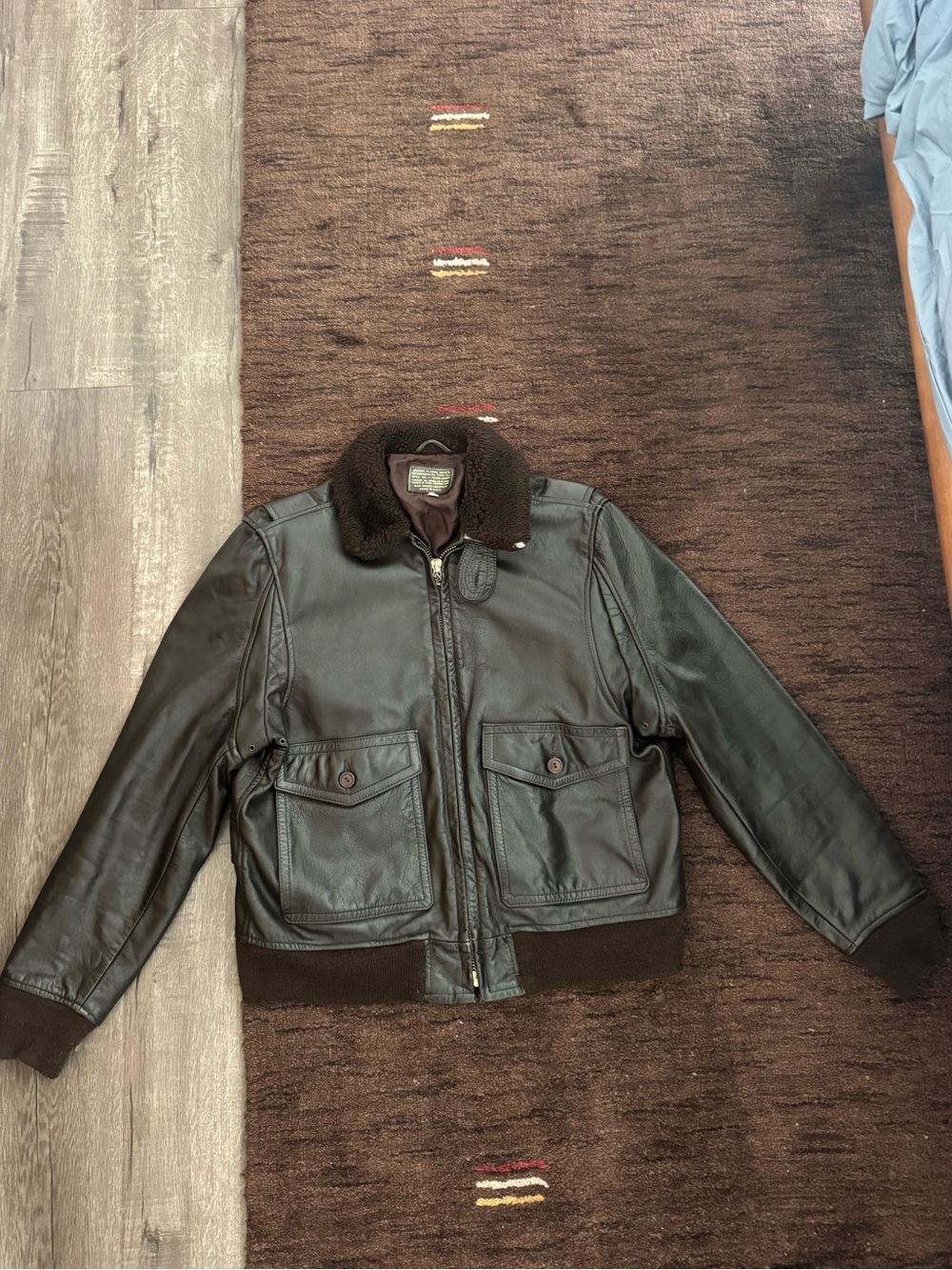 Men's Dark Brown Leather Bomber Jacket with Shearling Collar